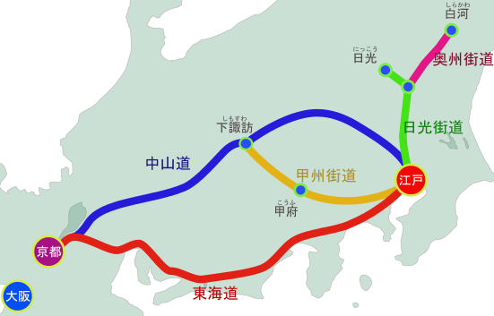江戸時代の五街道の図（イラスト地図）