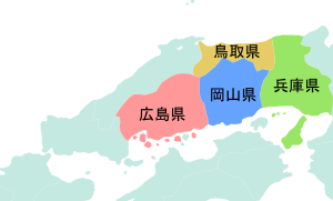 岡山県の位置図（隣接都道府県クイズの地図）